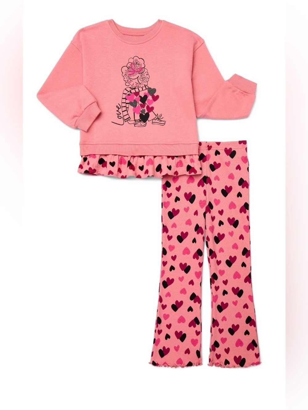 Girls Pink Heart-Print Matching Set with Ruffle Trim